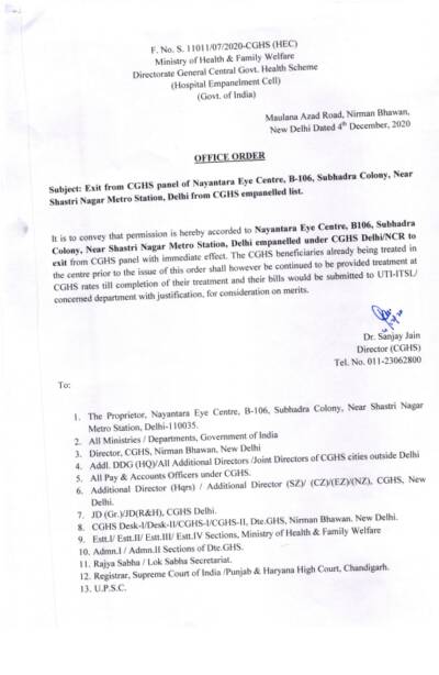 Nayantara Eye Centre – Out from CGHS Delhi empanelled List – CGHS Order dated 04-12-2020