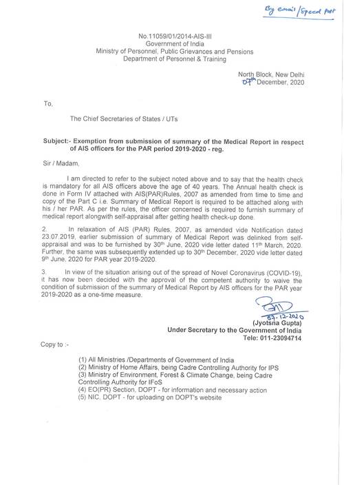 One time relaxation from submission of Annual Health report for the PAR 2019-2020