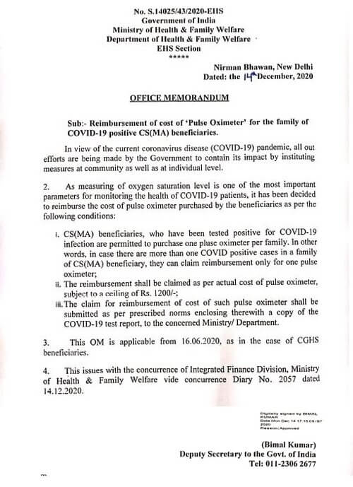 Reimbursement of cost of ‘Pulse Oximeter’ for the family of COVID-19 positive CS(MA) beneficiaries