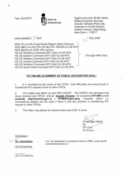 RTI online alignment of public authorities (PAs) – MES order dated 15-12-2020