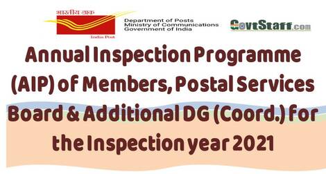 Annual Inspection Programme (AIP) of Members, Postal Services Board & Additional DG (Coord.) for the Inspection year 2021