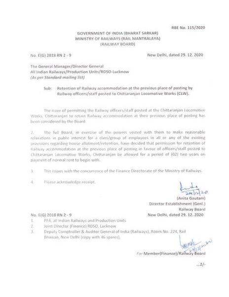 RBE No. 1152020 Retention of Railway accommodation at the previous place of posting by Railway officers staff posted to Chittaranjan Locomotive Works (CLW)