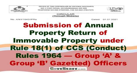 Annual Property Return of Immovable Property for Group ‘A’ and Group ‘B’ (Gazetted) Officers – CDA Circular dated 01.01.2021