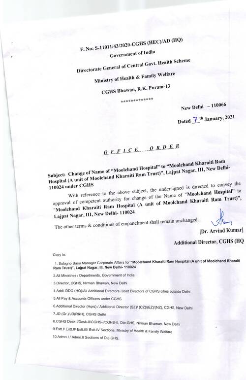 CGHS Delhi: Change of name of Moolchand Hospital to “Moolchand Kharaiti Ram Hospital reg.