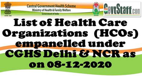 CGHS: List of Health Care Organizations  empanelled under CGHS Delhi & NCR as on 08-12-2020