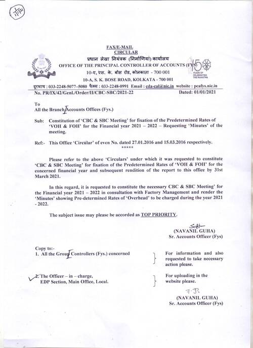 Constitution of ‘CBC & SBC Meeting’ for fixation of the Predetermined Rates of ‘VOH & FOH’ for the Financial year 2021 — 2022 reg.