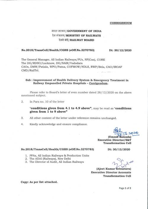 Corridendum: Improvement of Health Delivery System & Emergency Treatment in Railway Empanelled Private Hospitals