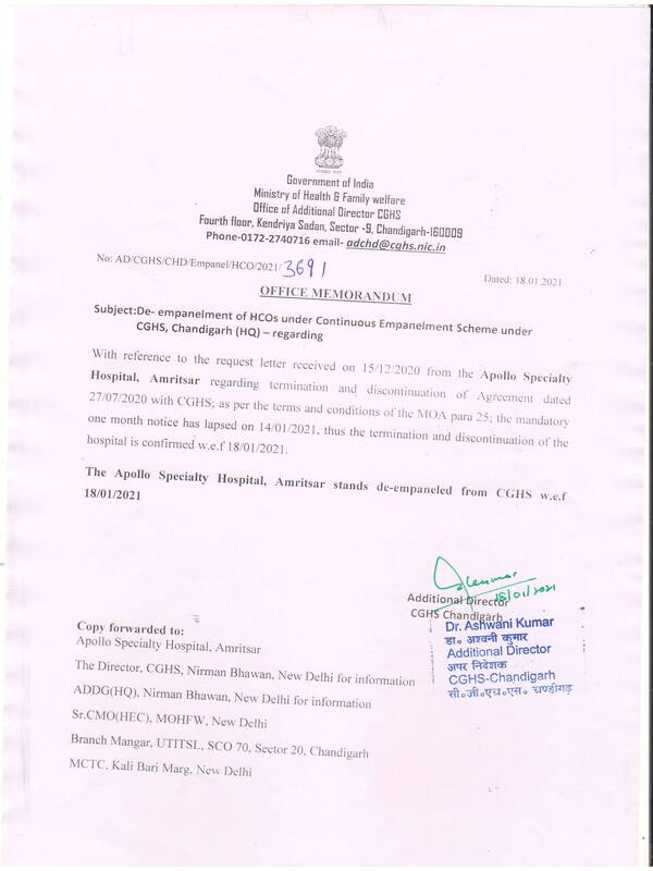 De-empanelment of Apollo Specialty Hospital, Amritsar from CGHS w.e.f. 18.01.2021