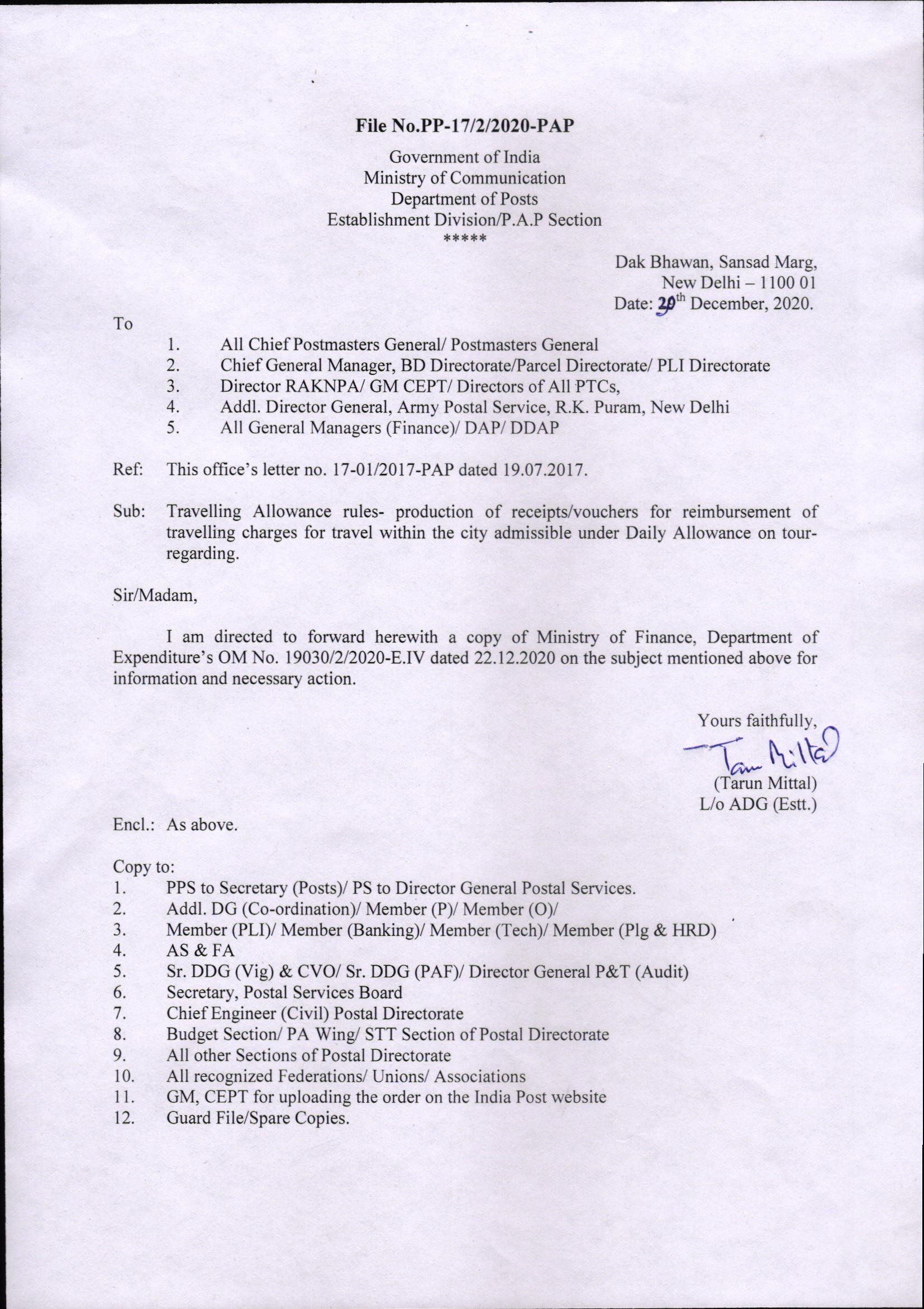 Department of Posts: Production of receipts/vouchers for reimbursement of travelling charges for travel within the city admissible under Daily Allowance on tour – regarding.