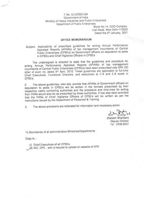 DPE OM: Applicability of prescribed guidelines for writing Annual Performance Appraisal Reports (APARs) of top management reg.