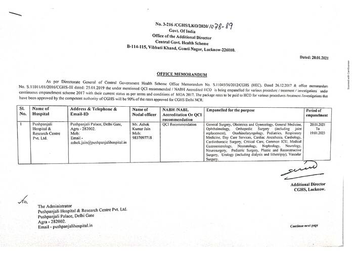 Empanelment of Pushpanjali Hospital & Research Centre Pvt. Ltd., Agra under CGHS