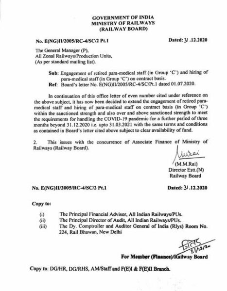 Engagement of retired para-medical staff (in Group ‘C’) and hiring of para-medical staff (in Group ‘C’) on contract basis: Railway Board