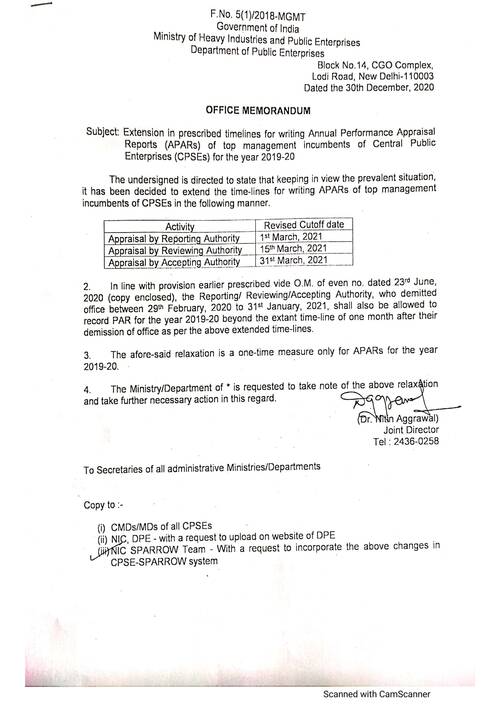 APARs 2019-20: Extension in prescribed timelines for writing APARs of top management incumbents of Central Public Enterprises (CPSEs)