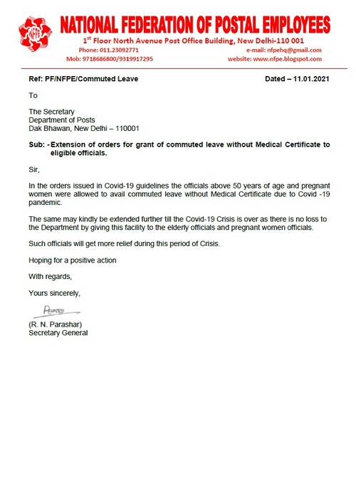 Grant of commuted leave without Medical Certificate to eligible officials: NFPE request for Extension of orders further till the Covid-19 Crisis is over