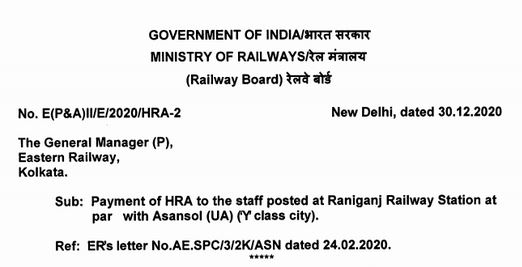 Payment of HRA to the staff posted at Raniganj Railway Station at par with Asansol (UA) (‘Y’ class city): Railway Board order dated 30.12.2020 Payment of HRA to the staff posted at Raniganj Railway Station at par with Asansol (UA) (‘Y’ class city): Railway Board order dated 30.12.2020