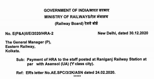 Payment of HRA to the staff posted at Raniganj Railway Station at par with Asansol (UA) (‘Y’ class city): Railway Board order dated 30.12.2020