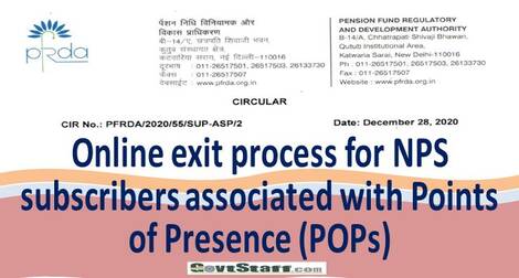 Online exit process for NPS Subscribers associated with Points of Presence (POPs) – PFRDA Circular dated 28th DEC 2020