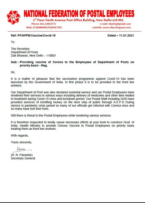 Providing Corona Vaccine to the Employees of Department of Posts on Priority Basis – NFPE writes to Secretary Dept of Post