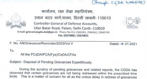 Redressal of Pending Grievance within the prescribed time limits – CGDA order dated 13.01.2021