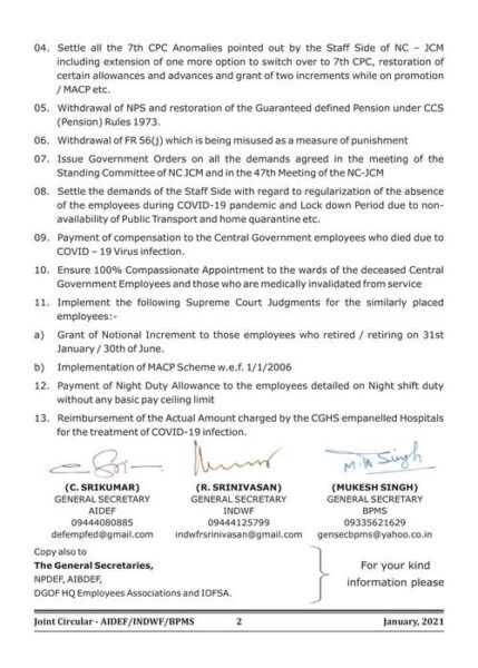 release three installment of da dr settlement of 7th cpc anomaly withdraw fr 56j withdraw nps etc joint circular by aidef indwf bpms to observe call attention day on 01 02 2021 1