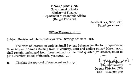 Revision of Interest Rates for Small Savings Schemes – O.M. dated 30.12.2020