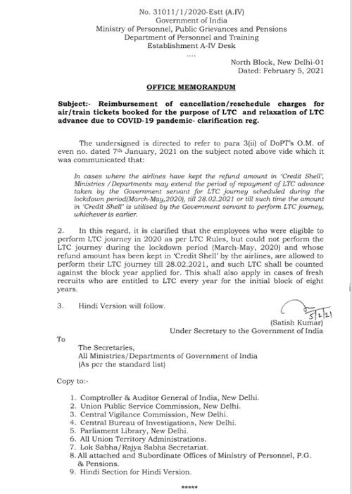 Clarification on Reimbursement of Cancellation/Re-schedule charges for Air/Train tickets booked for the purpose of LTC due to COVID-19 pandemic- DoPT OM dt. 05.02.2021