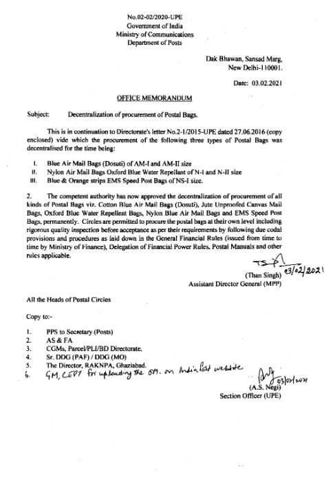 Decentralization of procurement of Postal Bags – Dept. of Post O.M dated 03-02-2021