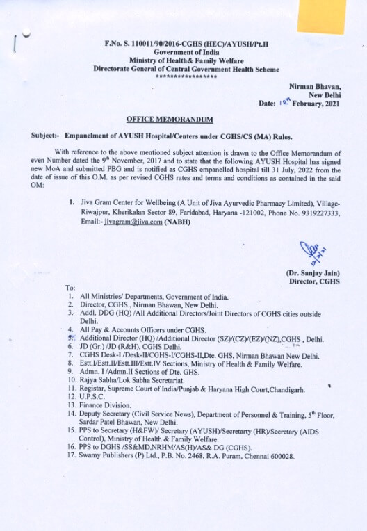 Empanelment of Jiva Gram Center for Wellbeing, Faridabad under CGHS/CS(MA) Rules