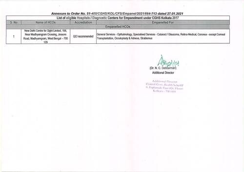 Empanelment of New Delhi Centre for Sight Limited under CGHS Kolkata for a period of 2 years w.e.f. 28th January 2021