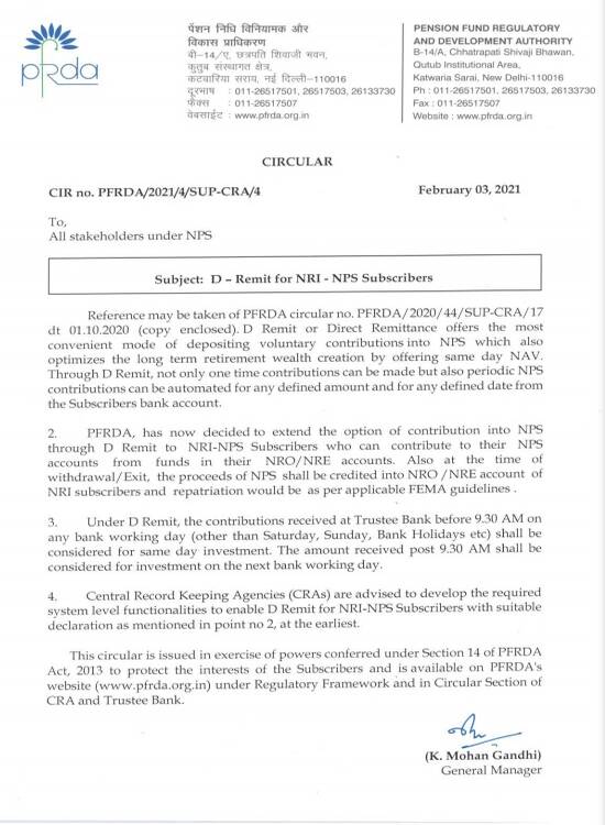 Extension of Option of Contribution into NPS through D-Remit to NRI-NPS Subscribers reg. – PFRDA Circular dated 03.02.2021