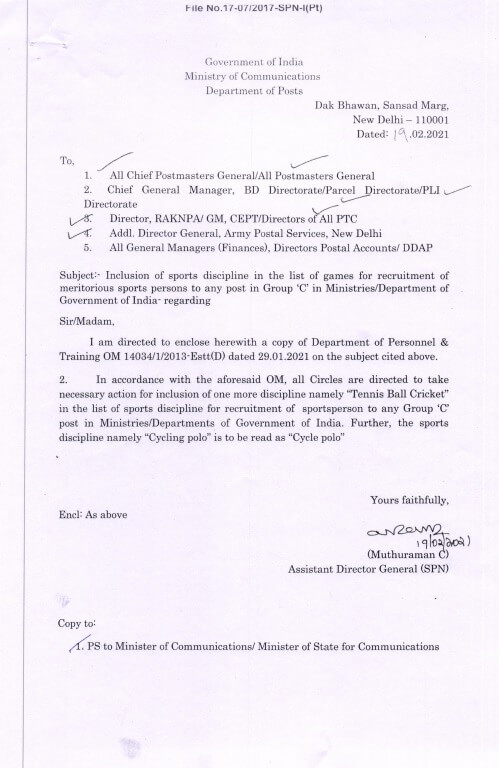 Inclusion of Sports discipline in the list of games for recruitment of meritorious sports persons – Department of Posts