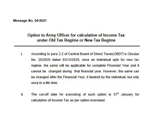 Option for calculation of Income Tax under Old Tax Regime or New Tax Regime : PCDA Message No. 04/2021