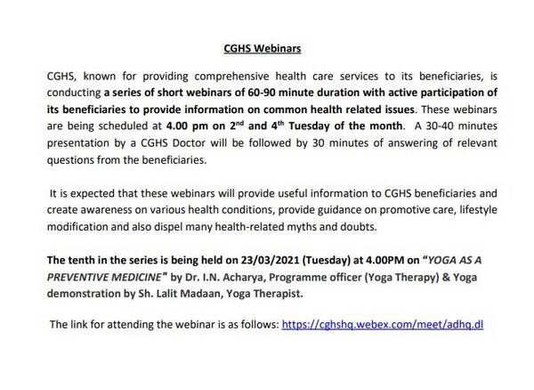 CGHS Webinar on “YOGA AS A PREVENTIVE MEDICINE” by Dr. I.N.Acharya