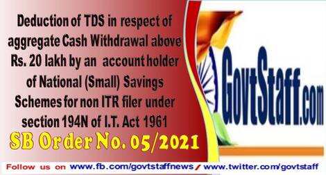 Deduction of TDS in respect of aggregate Cash Withdrawal above Rs. 20 lakh by an  account holder of National (Small) Savings Schemes for non ITR filer under section 194N of I.T. Act 1961 – SB Order No. 05/2021