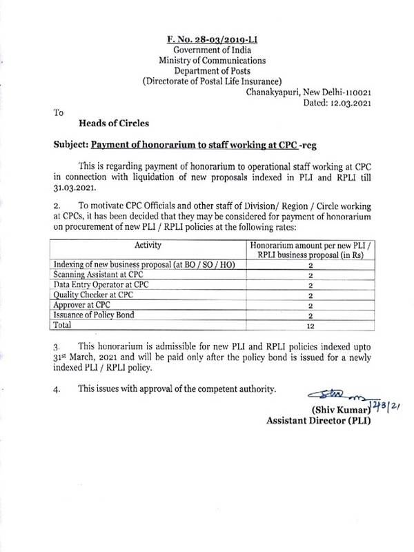 Payment of Honorarium to staff working at CPC on procurement of new PLI / RPLI policies.