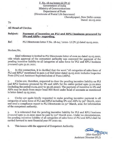 Payment of Pending Incentive for PLI and RPLI by 30th March 2021 – Deptt. of Posts order dated 22.03.2021