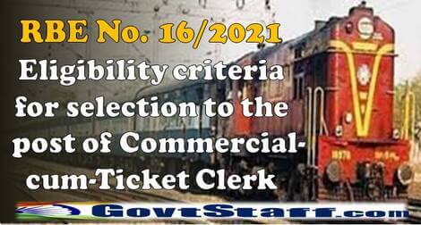 RBE No. 16/2021 – Eligibility criteria for selection to the post of Commercial-cum-Ticket Clerk