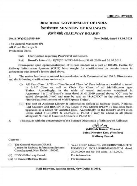 Clarification regarding Pass/travel entitlement – Railway Board RBE No. 29/2021