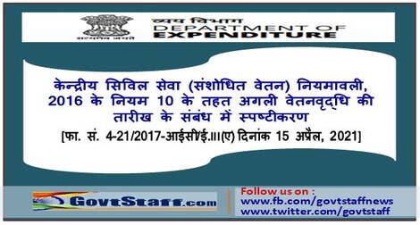 केन्द्रीय सिविल सेवा (संशोधित वेतन) नियमावली, 2016 के नियम 10 के तहत अगली वेतनवृद्धि की तारीख के संबंध में स्पष्टीकरण