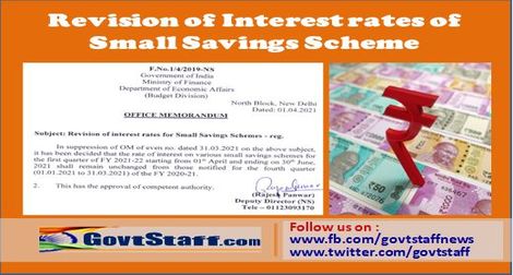 Small Savings Schemes : Revision of Interest Rates for the first quarter of FY 2021-22- O.M. dated 01.04.2021