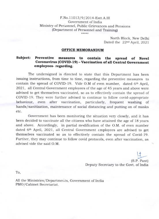 Vaccination of all Central Government employees who have attained the age of 18 years and above: DoP&T OM dated 22.04.2021