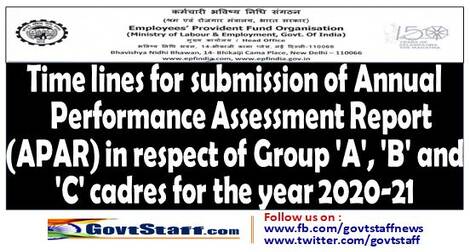 APAR : EPFO Circular regarding timelines for submission of Annual Performance Assessment Report (APAR) in respect of Group ‘A’, ‘B’ and ‘C’ cadres for the year 2020-21