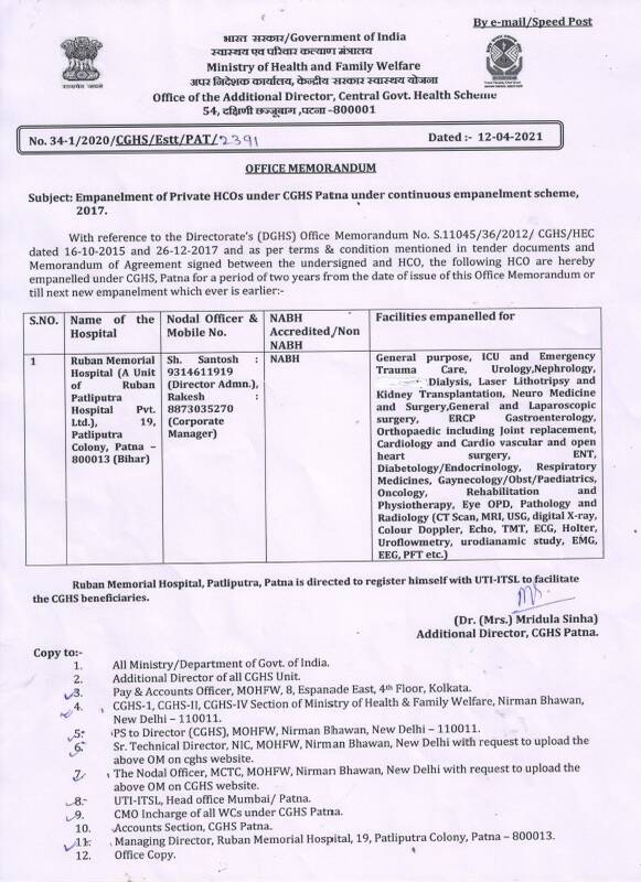 CGHS : Empanelment of Ruban Hospital under CGHS Patna