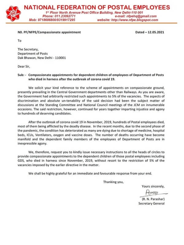 Compassionate appointments to dependent children of postal employees including GDS, who died due to Covid-19 without resort to the restriction of 5% of the vacancies