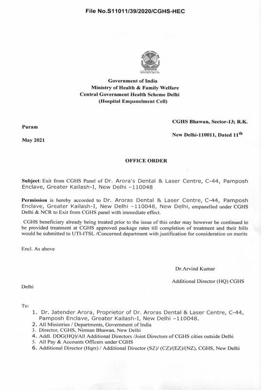 Exit from CGHS Panel of Dr. Arora’s Dental & Laser Centre, New Delhi – CGHS Office Order dated 11th May 2021