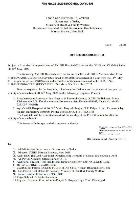 Extension of empanelment of AYUSH Hospital/Centers unde CGHS and CS(MA) Rules till 14th May, 2022