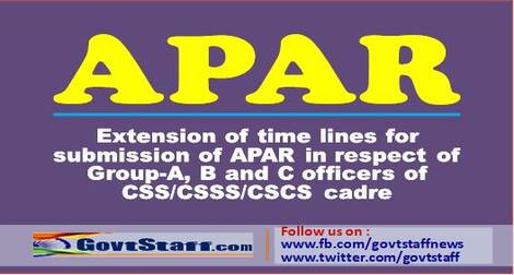 Extension of time lines for submission of APAR in respect of Group-A, B and C officers of CSS/CSSS/CSCS cadre through SPARROW portal for the year 2020- 2021