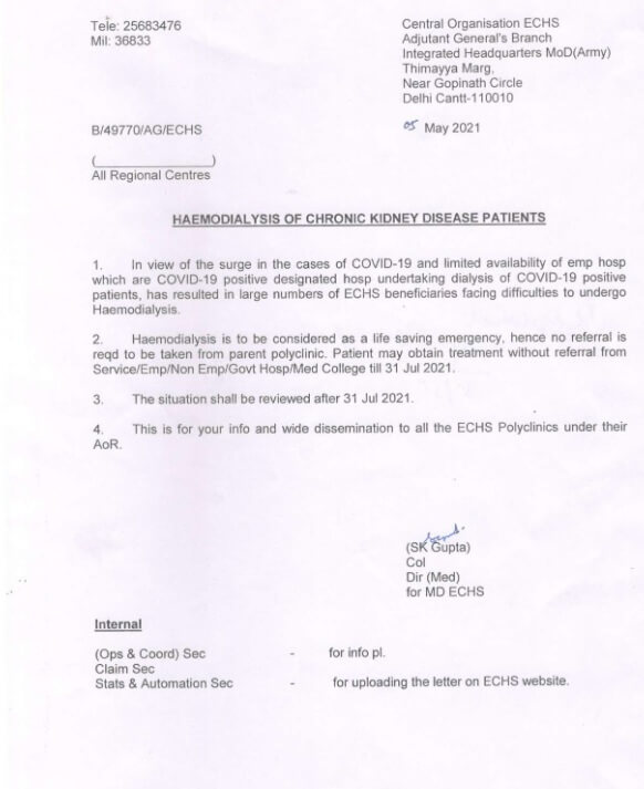 Haemodialysis of chronic kidney disease patients without referral till 31 Jul 2021: ECHS order dated 05.05.2021