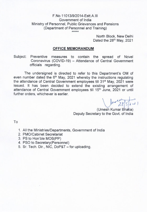 Preventive measures to contain the spread of Novel Coronavirus (COVID-19) — Attendance of Central Government officials : DoPT OM dated 28-05-2021