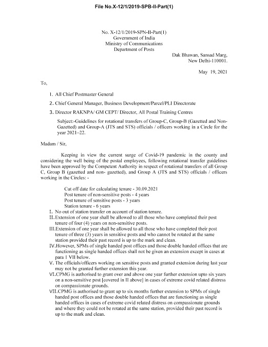 Rotational Transfers of Group C, Group B (Gazetted and Non-Gazetted) and Group A (JTS and STS) Officials/Officers – Postal Guidelines